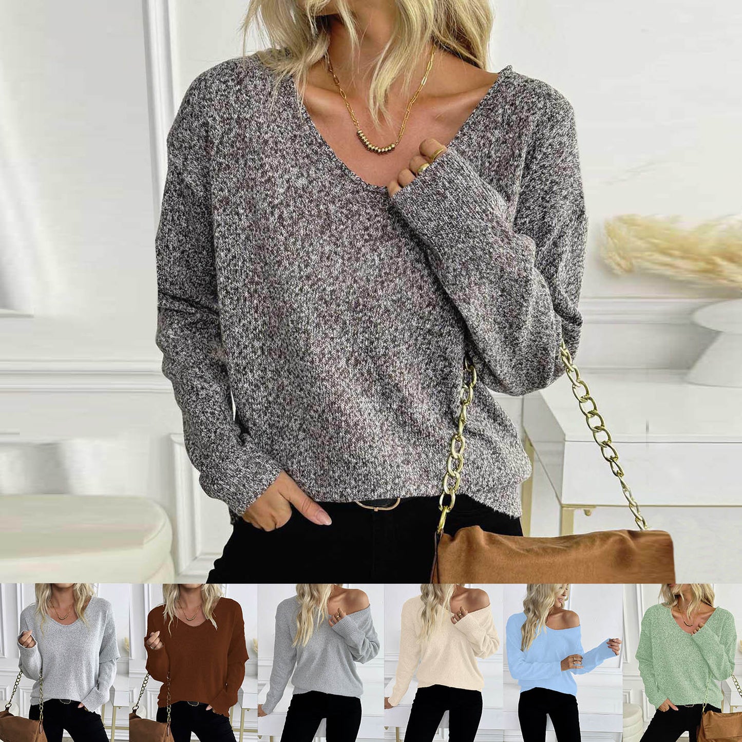 Classic Pullover V-Neck Sweater Simple Style Multicolor Knit Sweater Cross-Border Amazon Best-Selling Sweater
