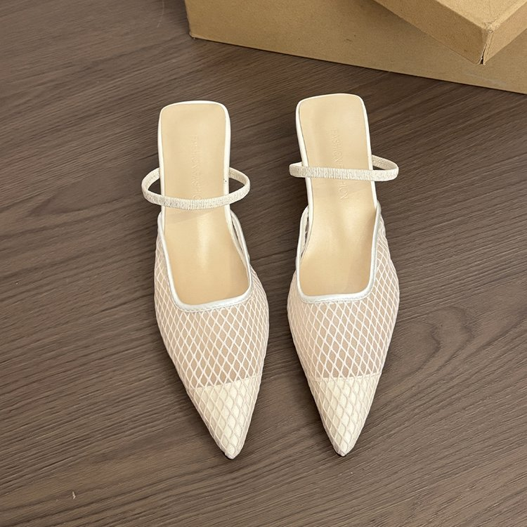 Women's Pink Mesh Pointed Toe Kitten Heel Mules, Breathable One Strap Closed Toe Slides, Fashion Low Heel Sandals For Office Daily Wear