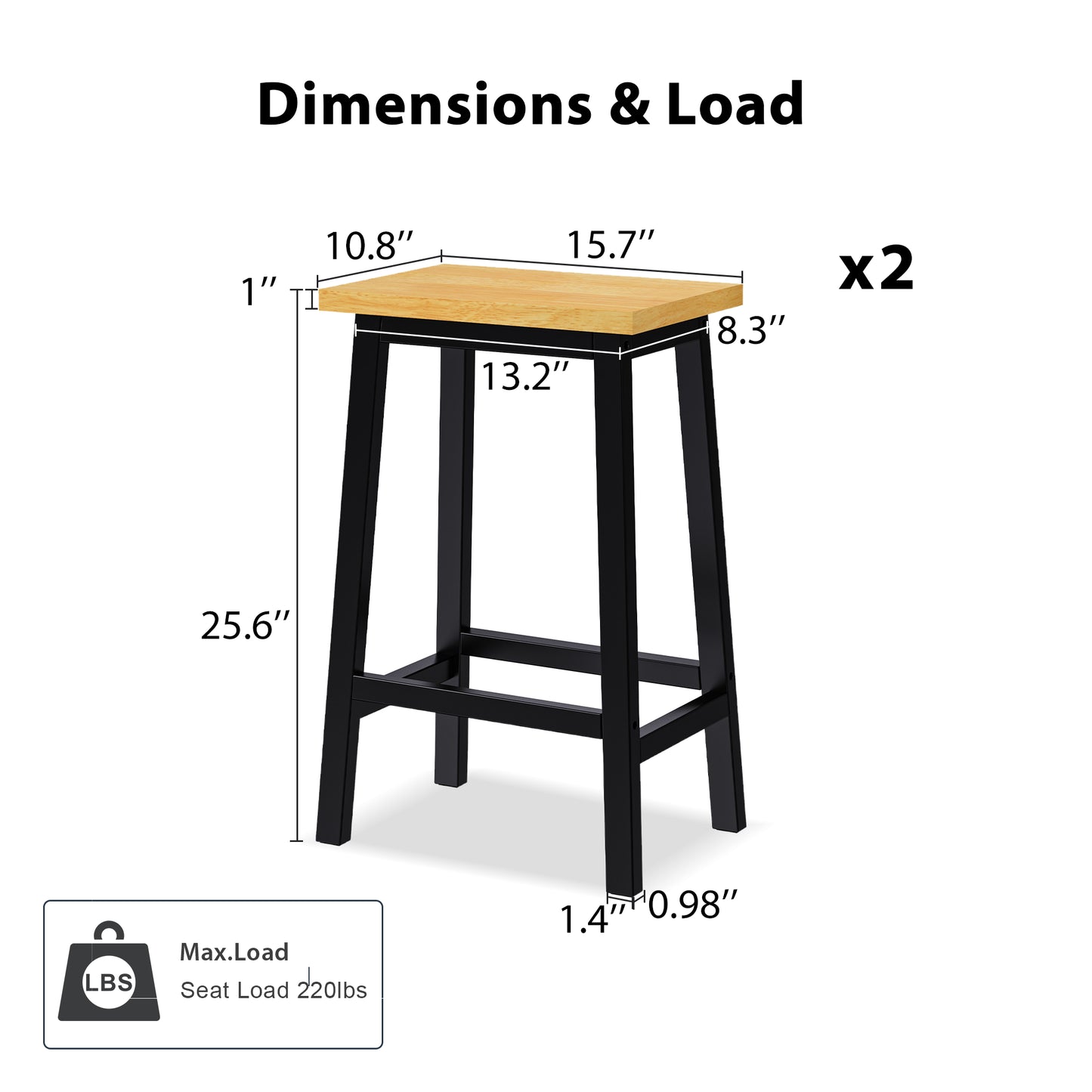 K&K Solid Wood Bar Stools  Not Cheap Iron , 25.6  Tall Set Of 2 Bar Chairs, Kitchen Counter Stools With Footrests, Farmhouse Stools For Dining Room, Kitchen, Counter, Black