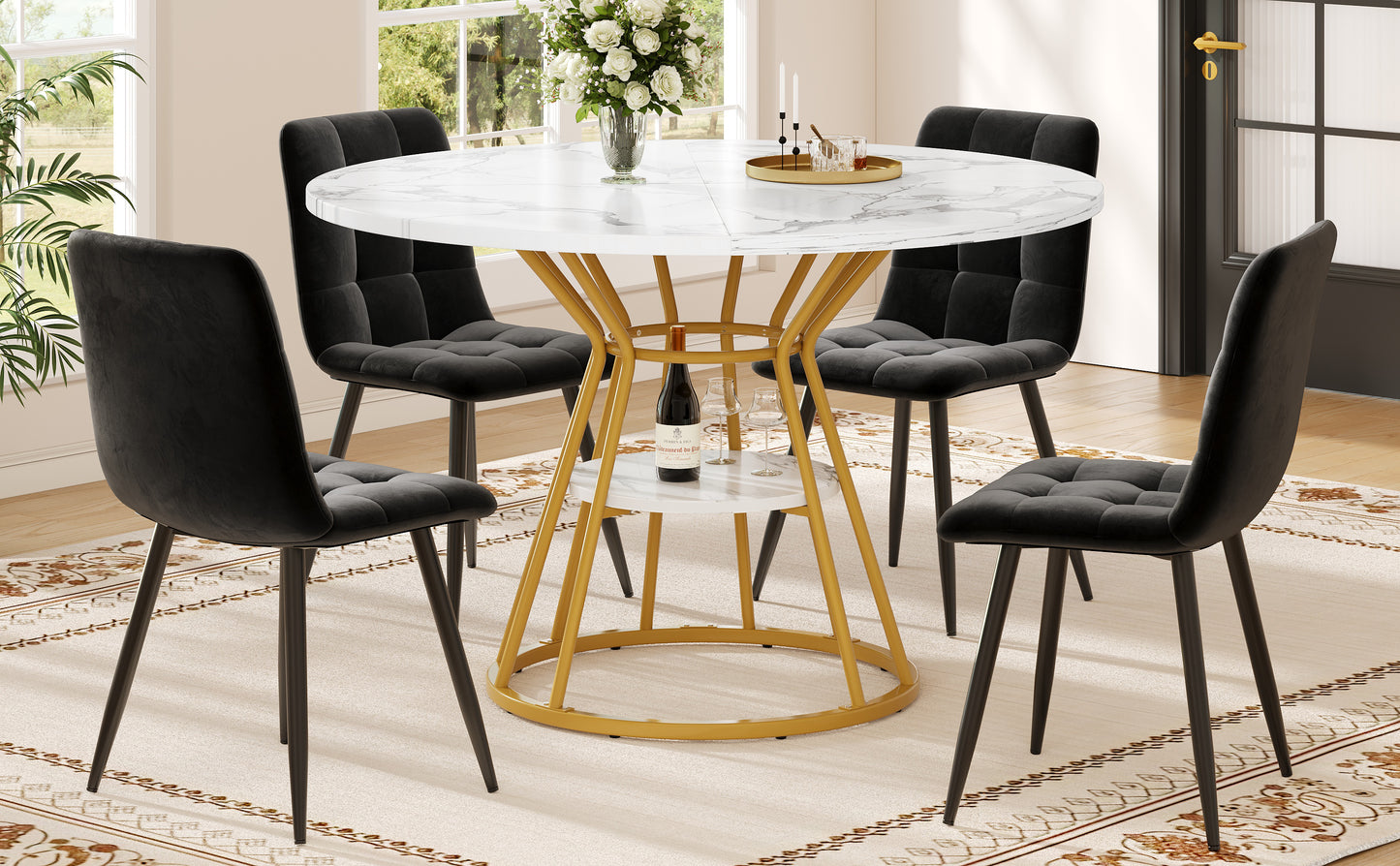 Round Dining Table  1 Piece Kitchen Table Breakfast Table Metal Legs Marble Pattern Gold Black