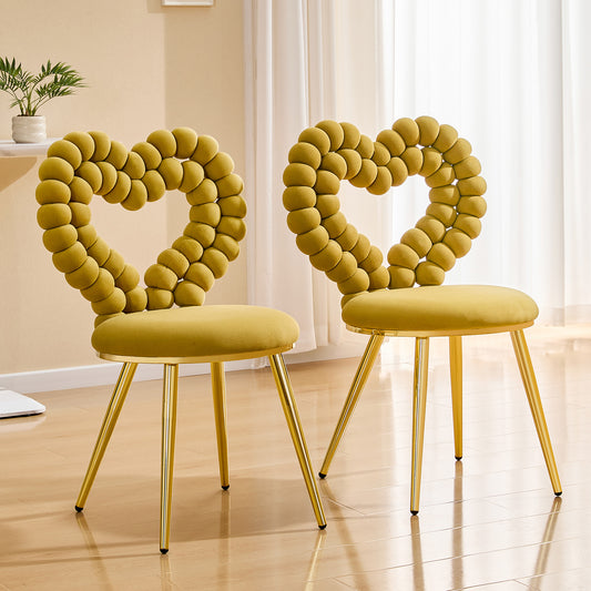 Set Of 2 Unique Heart Bubble Tufted Accent Chair,Yellow Plush Velvet Chair With Shiny Gold Metal Frame, Cute & Modern Seating For Home Decor