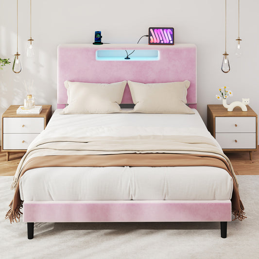 Queen Size Upholstered Bed Frame With High Headboard Adjustable LED Lights Charging Port Wood Slat Support Platform Bed Frame Noiseless No Box Spring Needed Easy Assembly