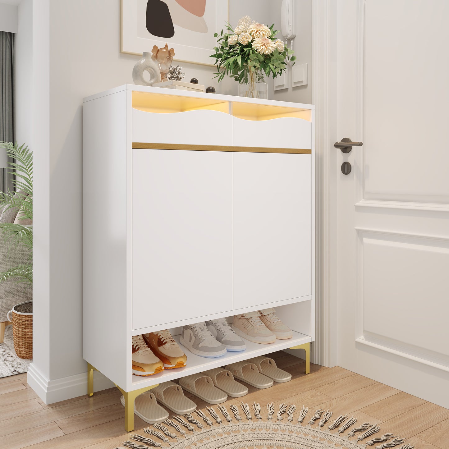 Modern White Shoe Cabinet With LED 16 Colours  Space-saving Hallway Cabinet 80x35x105 Cm With Drawers & Shelves  Storage Space, Design, Lighting For Hallway, Living Room & Entrance Area