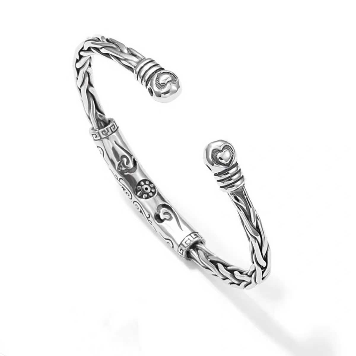 1pcs 925 Sterling Silver Tibetan Script Braided Open Bangle, Antique Ethnic Style, Ideal For Birthday Holiday Gifts