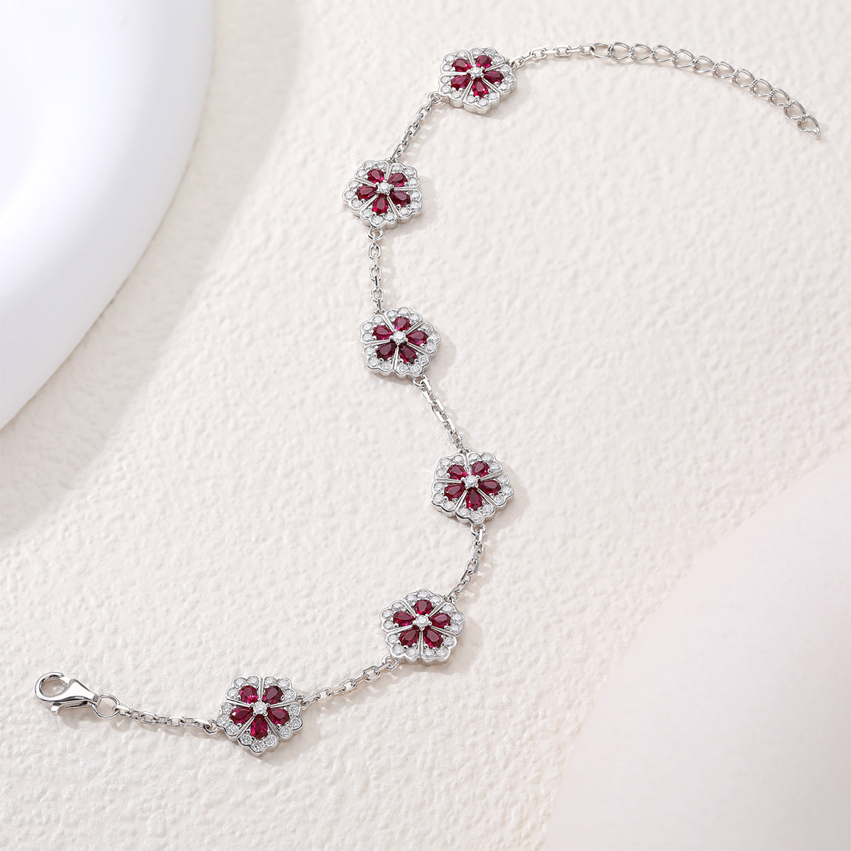 S925 Sterling Silver Red Lab-Grown Gemstone Flower Bracelet 16cm Platinum Plated With D Color VVS1 Moissanite GRA Certified Gift Box