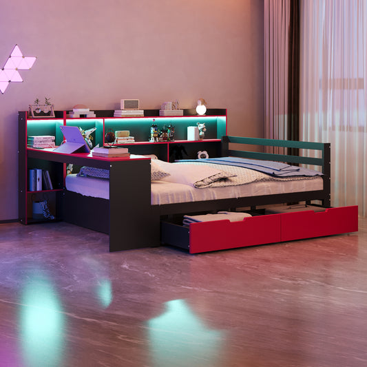 Wooden Bed Sofa Bed 140 X 200 Cm, With Desk, Bookcase, Storage Compartments And Shelves, With Integrated Lighting And Sockets, Drawers, Multifunctional Wooden Bed, Black  Red