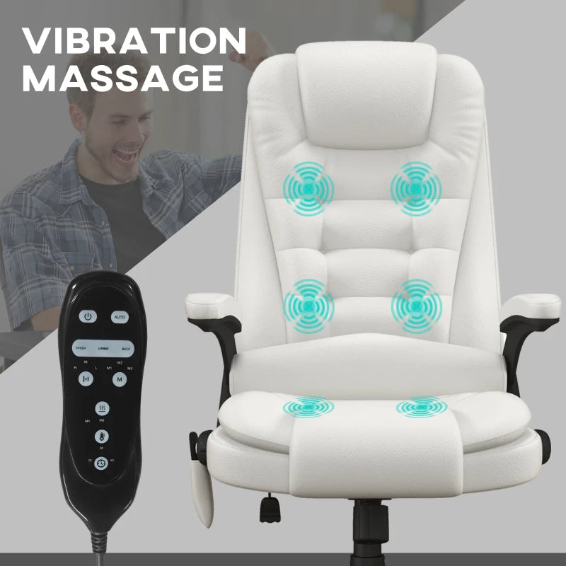 Massage Office Chair, Heated Reclining Computer Chair With 6 Vibration Points, Armrest And Remote, White