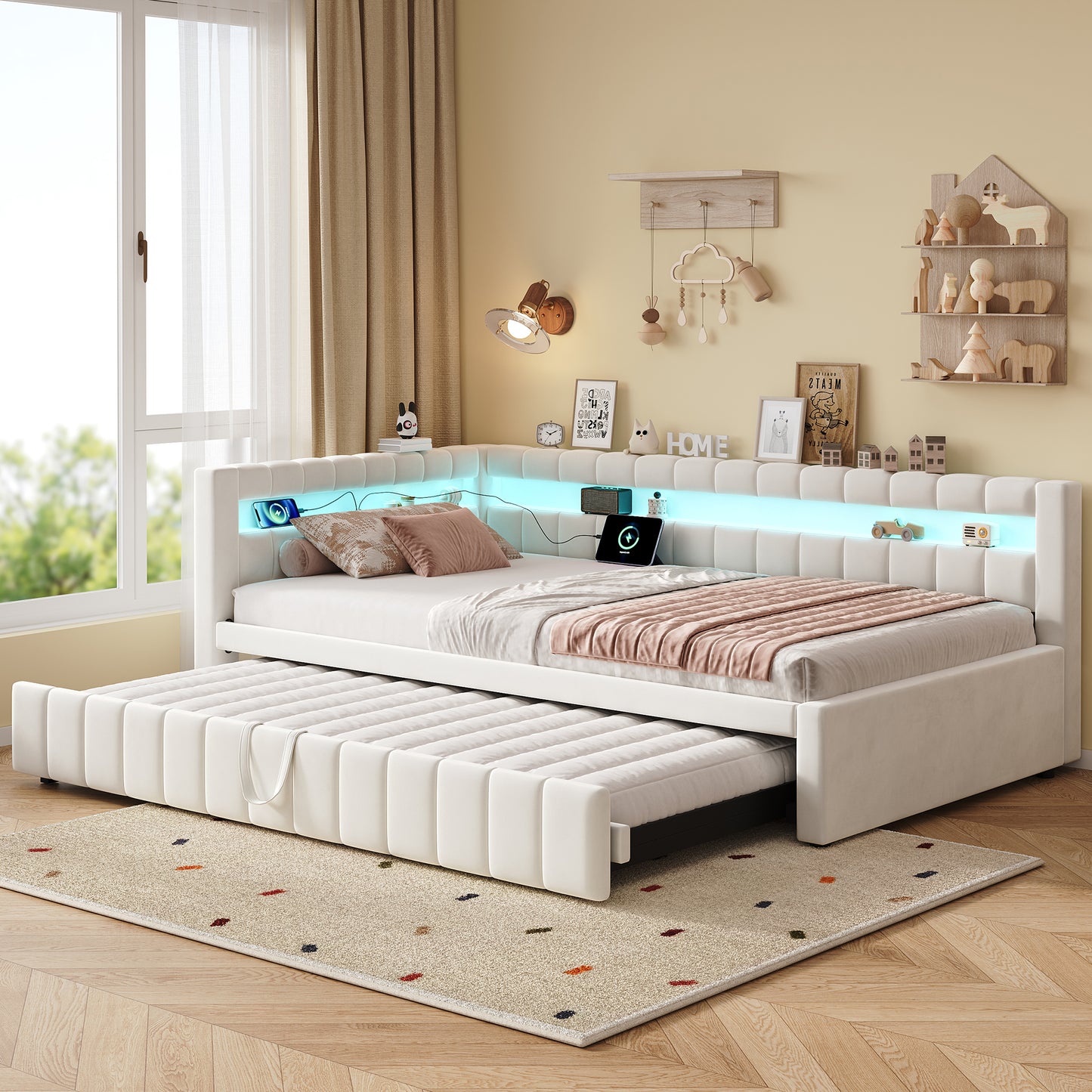 3ft Single Velvet Daybed, Sofa Bed With RGB LED Lights And Charging Station, Upholstered Sofa Bed With Trundle, Pull Out Trundle Bed For Living Room, Bedroom Or Study, Beige  No Mattress