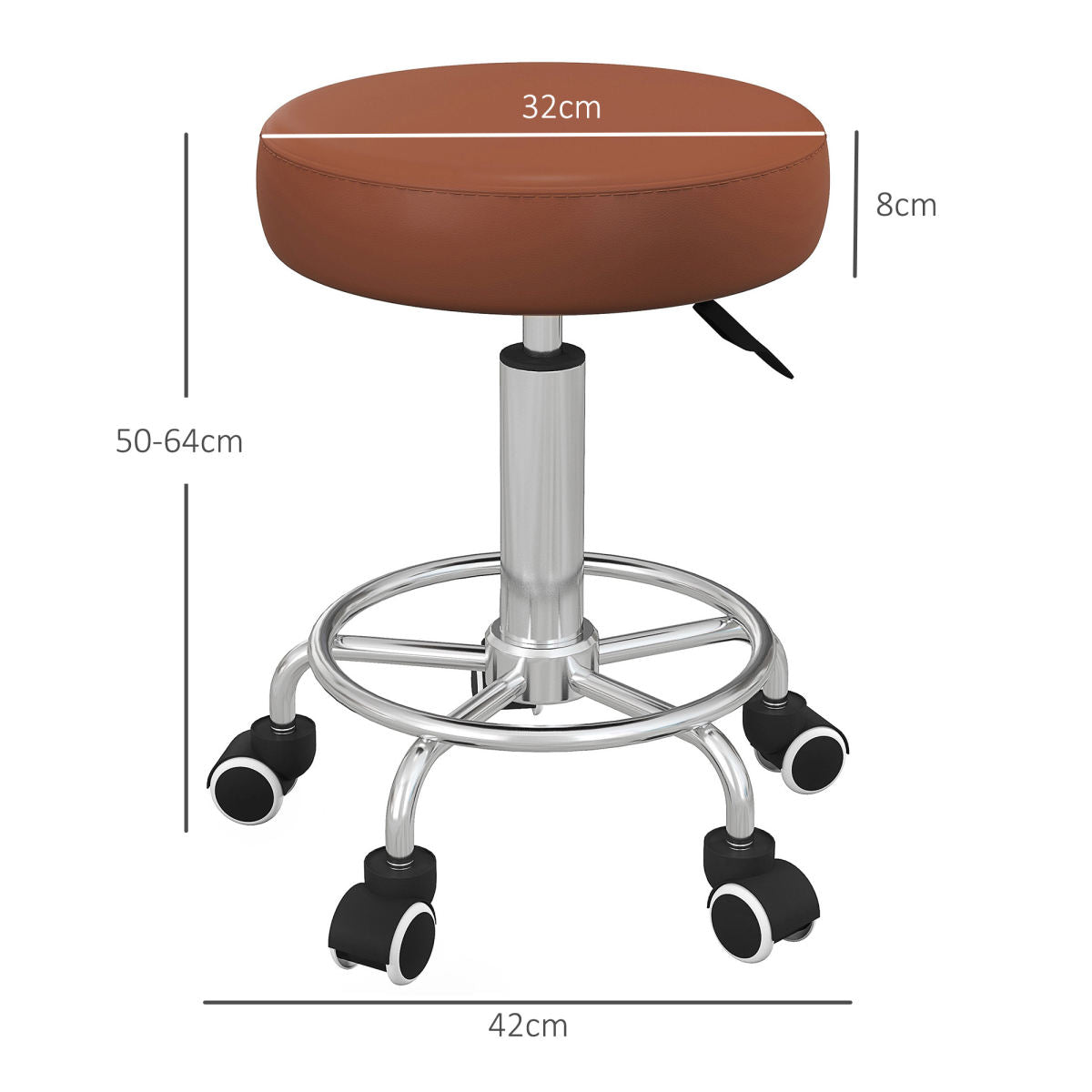 Vinsetto PU Leather Rolling Stool, Height Adjustable Stool Chair With Wheels For Salon, Massage, Spa, Brown