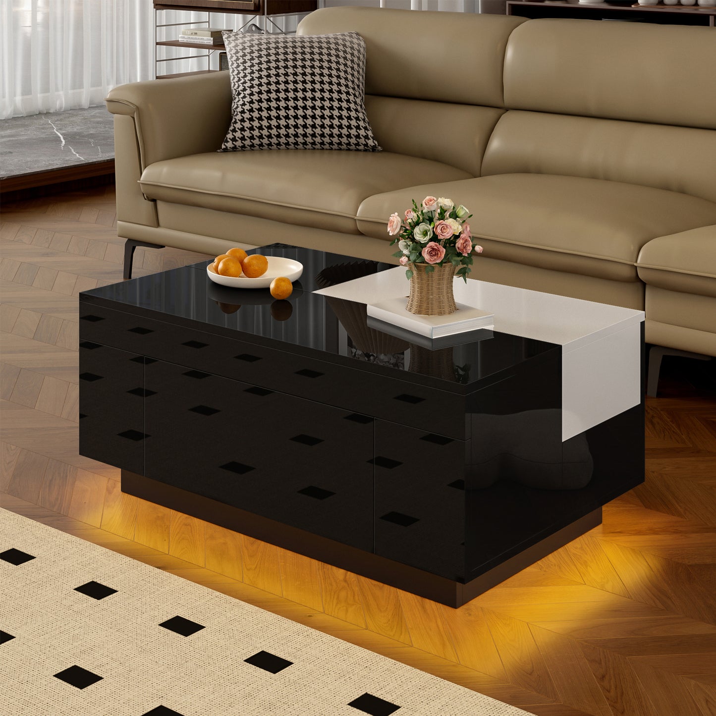 High-gloss Coffee Table With LED Lighting, Extendable Black And White Tabletop, Hidden Storage And 16-colour Adjustable Light Strip - The Ideal Choice For A Stylish Living Room