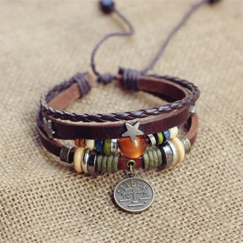 1pcs Multi-Layer Braided Leather Wooden Bead Star Zodiac Charm Adjustable Bracelet, Retro Boho Ethnic Style, For Men Women Daily Campus Travel & Constellation Holiday Gifts
