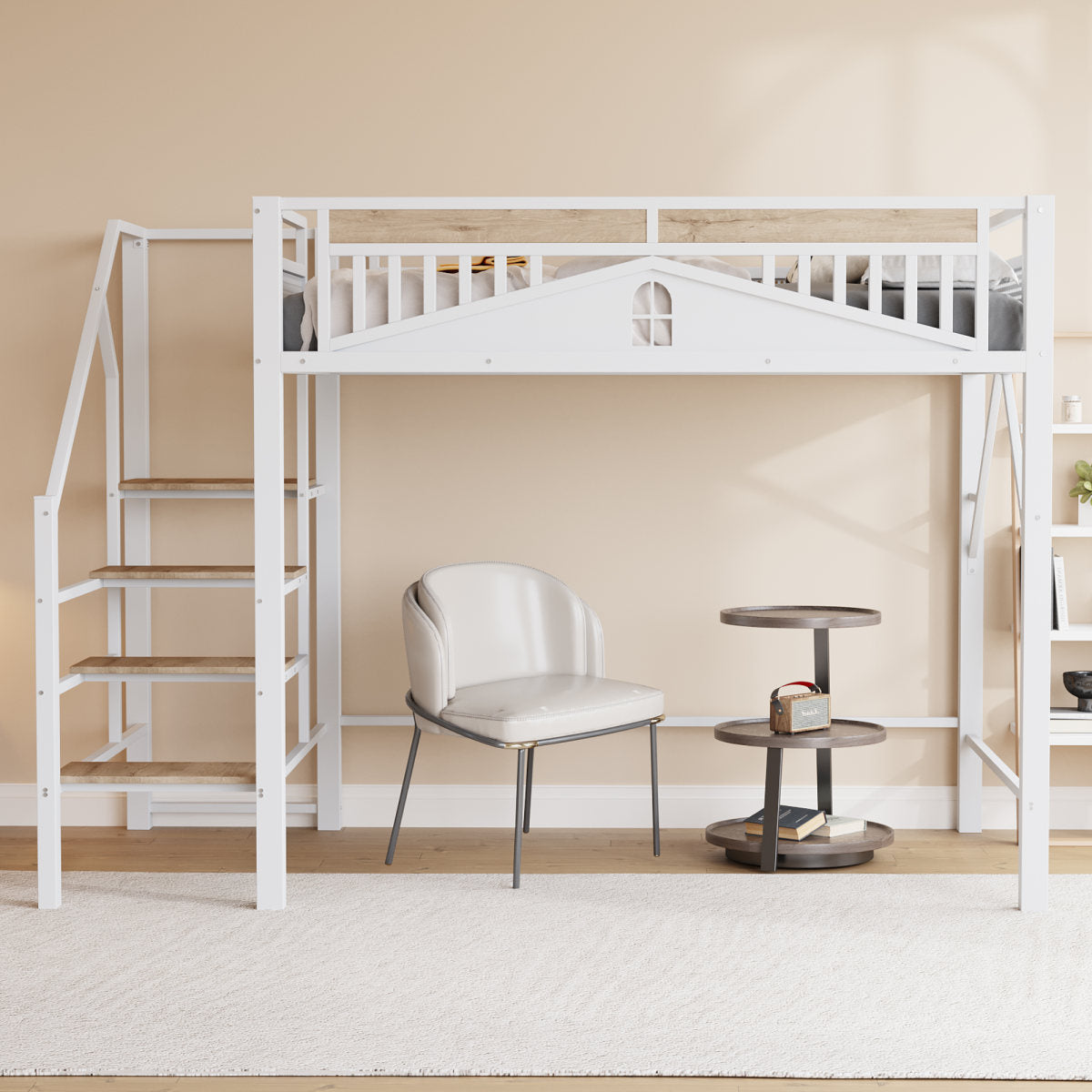 Metal Loft Bed 140 X 200 Cm, Unique Housing Shape With Window Design, With Safety Ladder, Plenty Of Storage Space Under The Bed, White