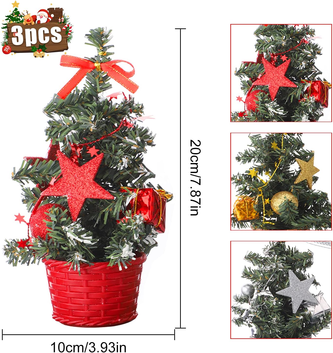 Small Christmas Tree With Decorations Set - Artificial Tabletop Christmas Tree For Desk Display, Festive Christmas Tree Ornament  Pack Of 3 Mini Small Christmas Trees For Table