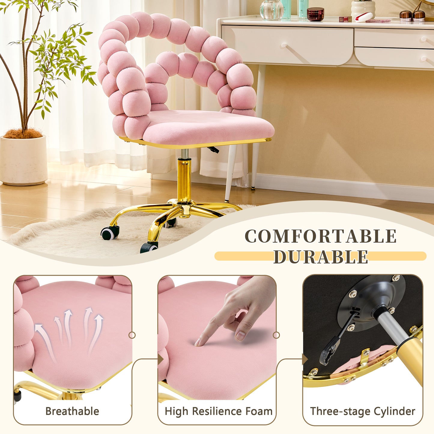 Velvet Bubble Vanity Chair With Gold Base, 360 Swivel Height Adjustable Ergonomic Accent Chair, Cute Rolling Desk Chair For Bedroom, Makeup Vanity, Home Office