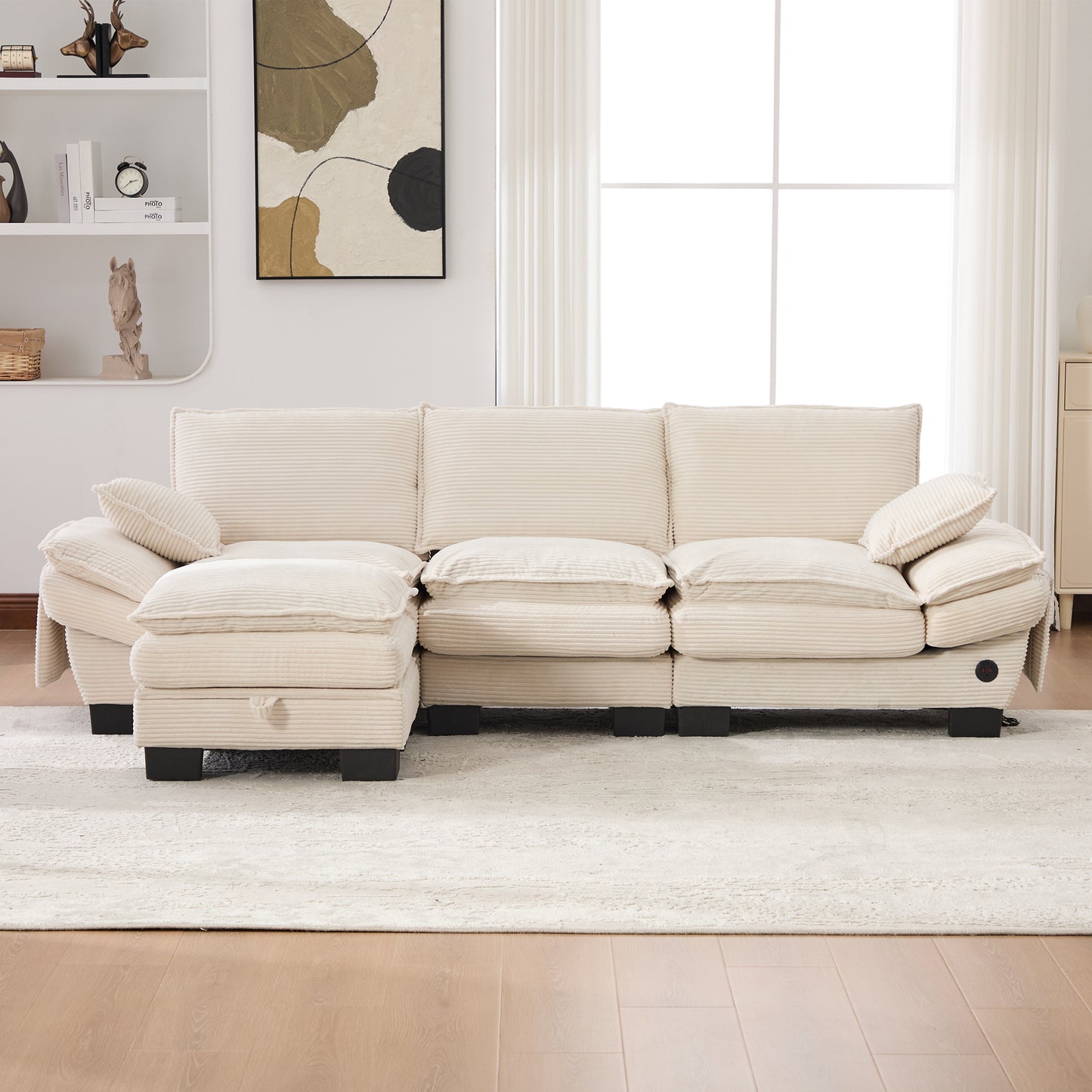 Modular 3-seater Corduroy Sofa  With 1 Stool Wide Seat, Ergonomic Design, High-density Foam Padding, USB-C Port And Side Pockets. Ideal For Living Room, Office Or Lounge.Beige