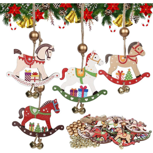 Wooden Rocking Horse Ornaments, Christmas Decorations, Hanging Wooden Ornaments, Ornaments For The Christmas Tree, Windows, Christmas, Party, Decorations, 16 Pieces