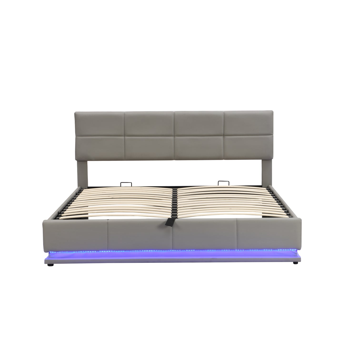 Upholstered Bed 180x200 Cm With LED Lighting & Hydraulically Liftable Bed Storage Space, Bed Base & Slatted Frame Cover Made Of  Leather Double Bed  Youth Bed Light Grey