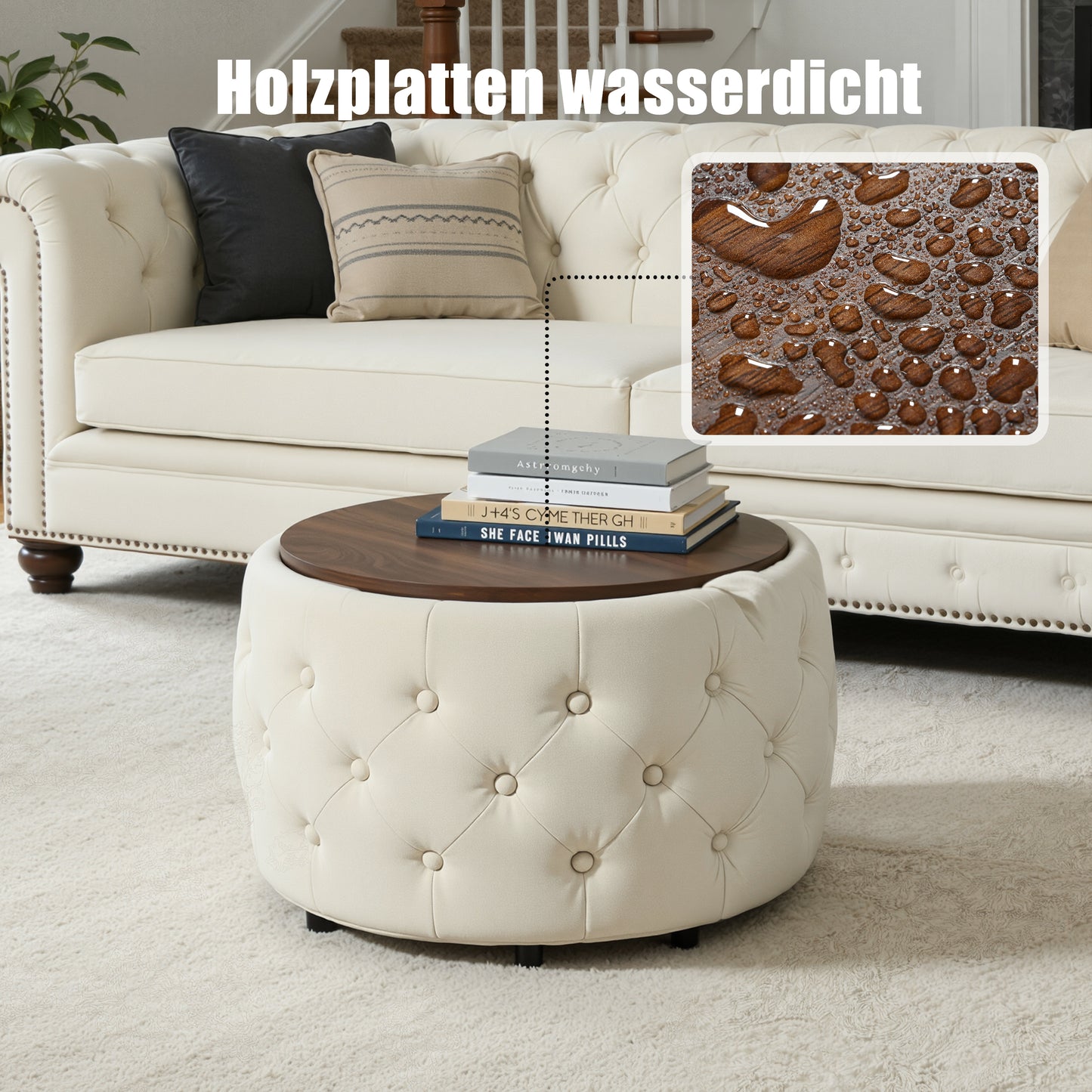 Luxury Set Of 2 Velvet Nesting Stool, 4-in-1 Function, Round Storage Footstool With Wooden Shelf, No Setup Required, Beige  58cm X 58cm X 38cm