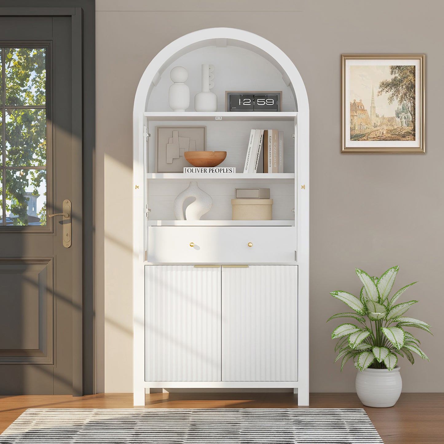 71  Fluted Tall Arched Pantry Cabinet With Adjustable Shelves, Elegant Display Storage With Hidden Drawer & Glass Door For Kitchen, Living Room, Dining Room, White