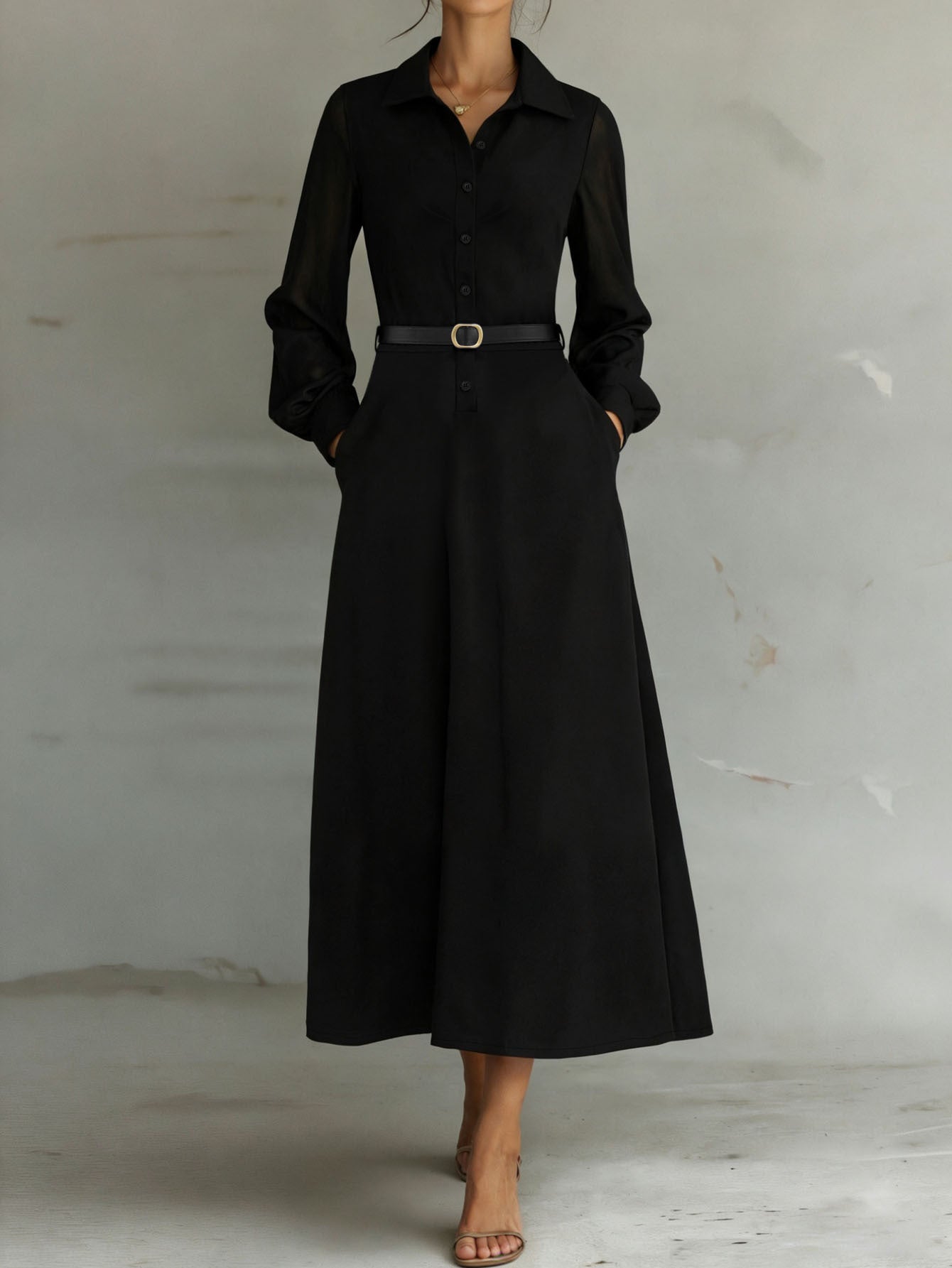 Women's Collared Neck Sheer Puff Sleeve Button Front Belted Maxi Shirt Dress Elegant Office Wear Maxi Dress