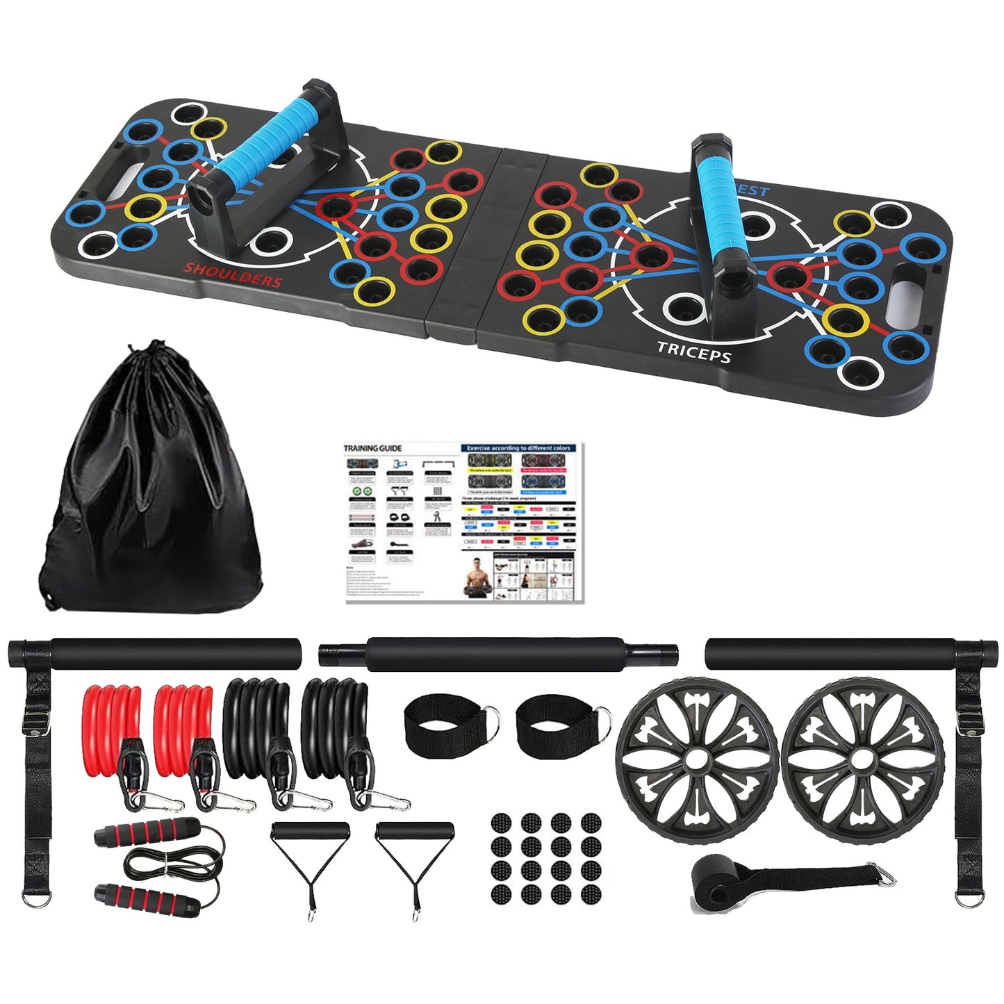 Multifunctional Push Up Board Home Strength Training Equipment With 15 Fitness Accessories Pilates Bar Resistance Band Roller Wheel Full Body Workout Home Gym Equipment