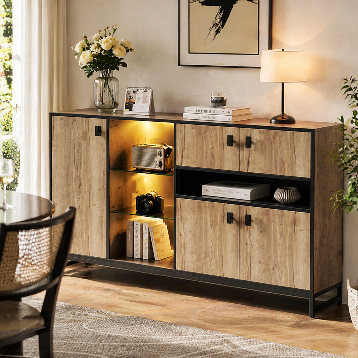 Modern Minimalist Storage Cabinet With Double Doors, Open Shelf, Glass Shelves And Adjustable Interior Dividers  Versatile Storage Solution For Living Room, Dining Room And Office.