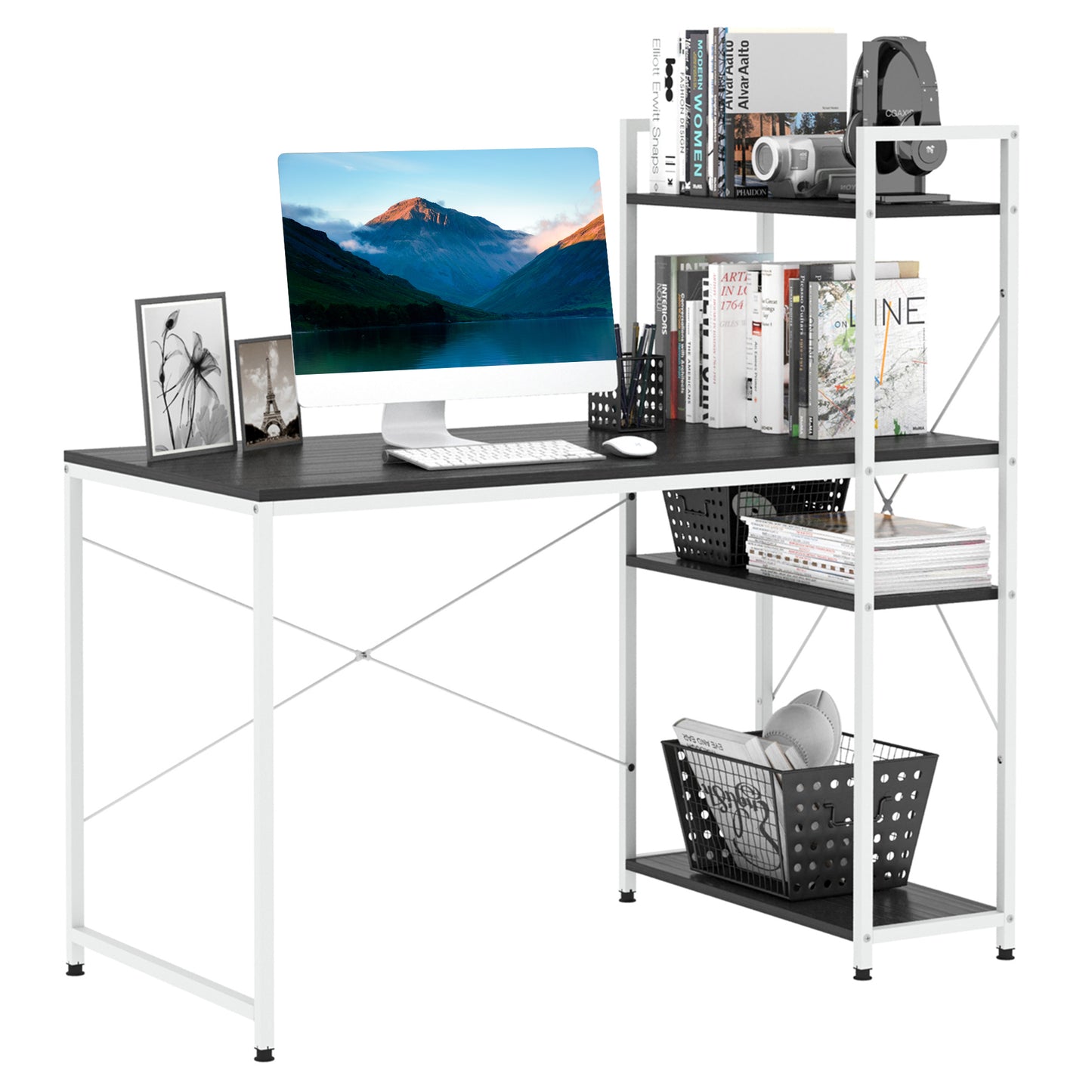 Computer Desk With Storage Shelves On Left Or Right, Industrial Reversible Writing Desk For Home Office, Study, Easy Assembly, 120 X 64 X 121cm, Black And White