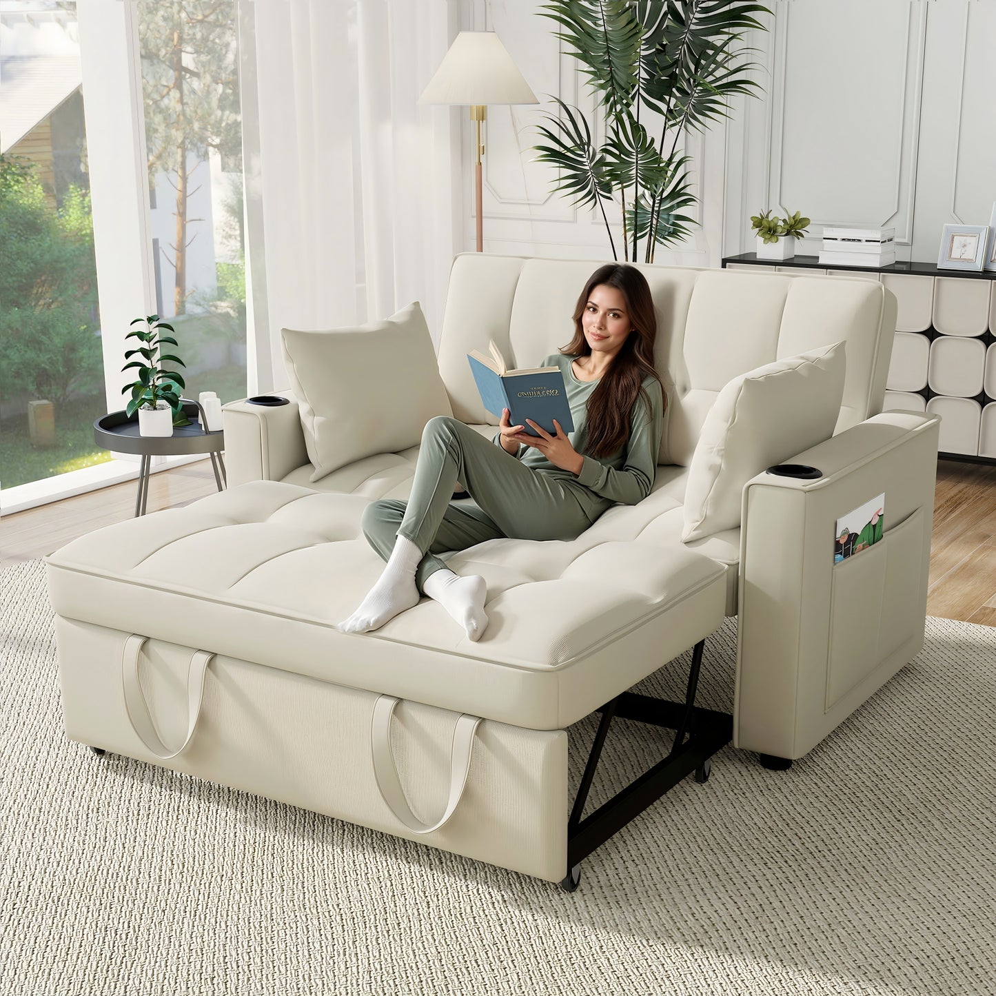 Folding Sofa Bed, Multifunction Sofa With Sleeping Function, Sofa Bed With Cup Holder And Pillows, Suitable For Living Room, Bedroom, Home Theater Apartment