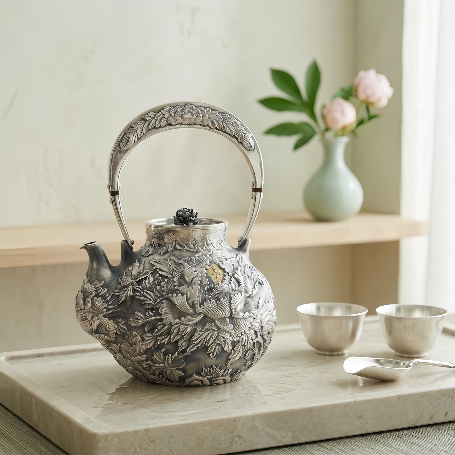 Pure 999 Fine Silver Exquisite Hand-Crafted Silver Tea Kettle with Ornate Peony Relief and Floral Finial - Handicraft