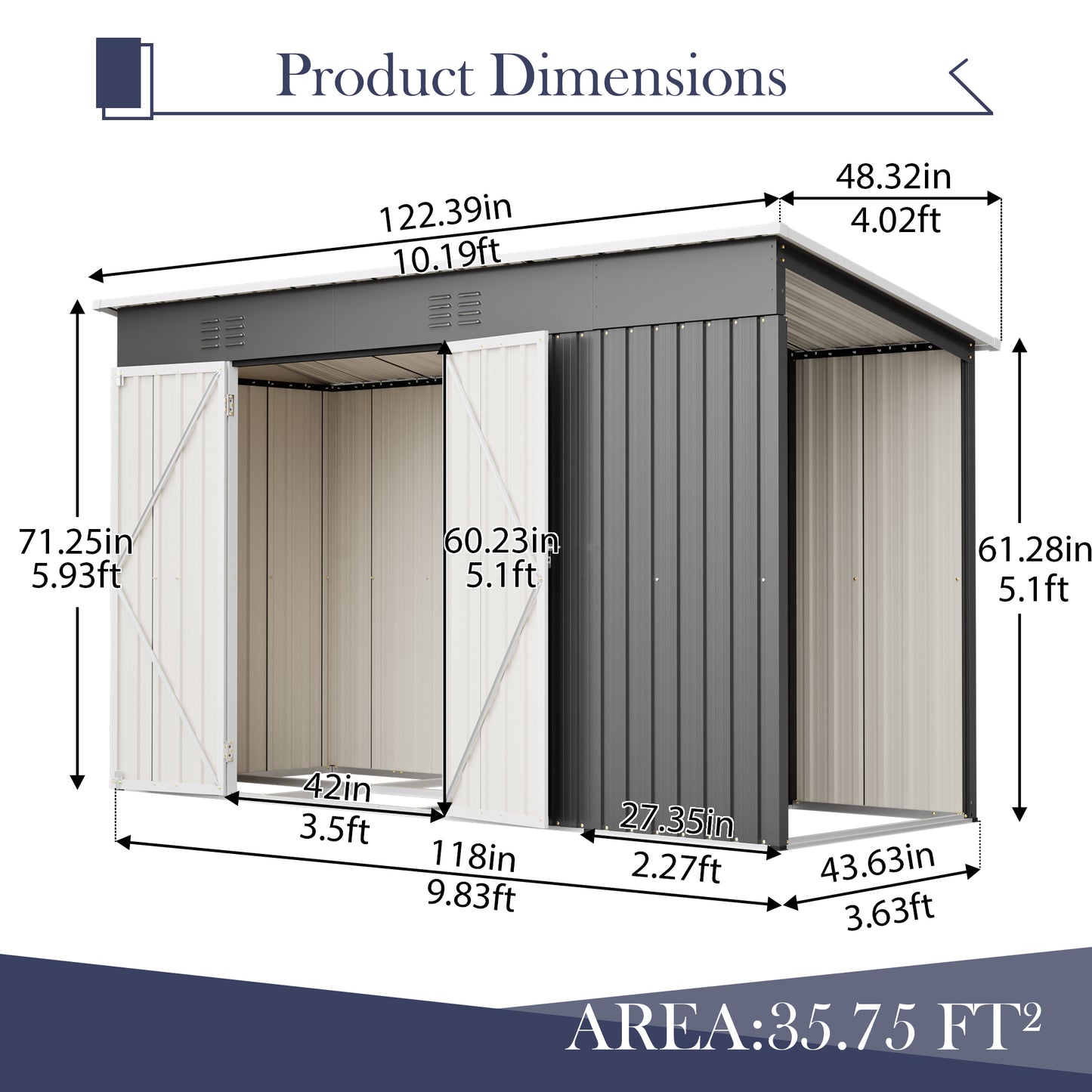 10 X4  Outdoor Metal Storage Shed For Garden Tools Lockable Door With Floor Frame