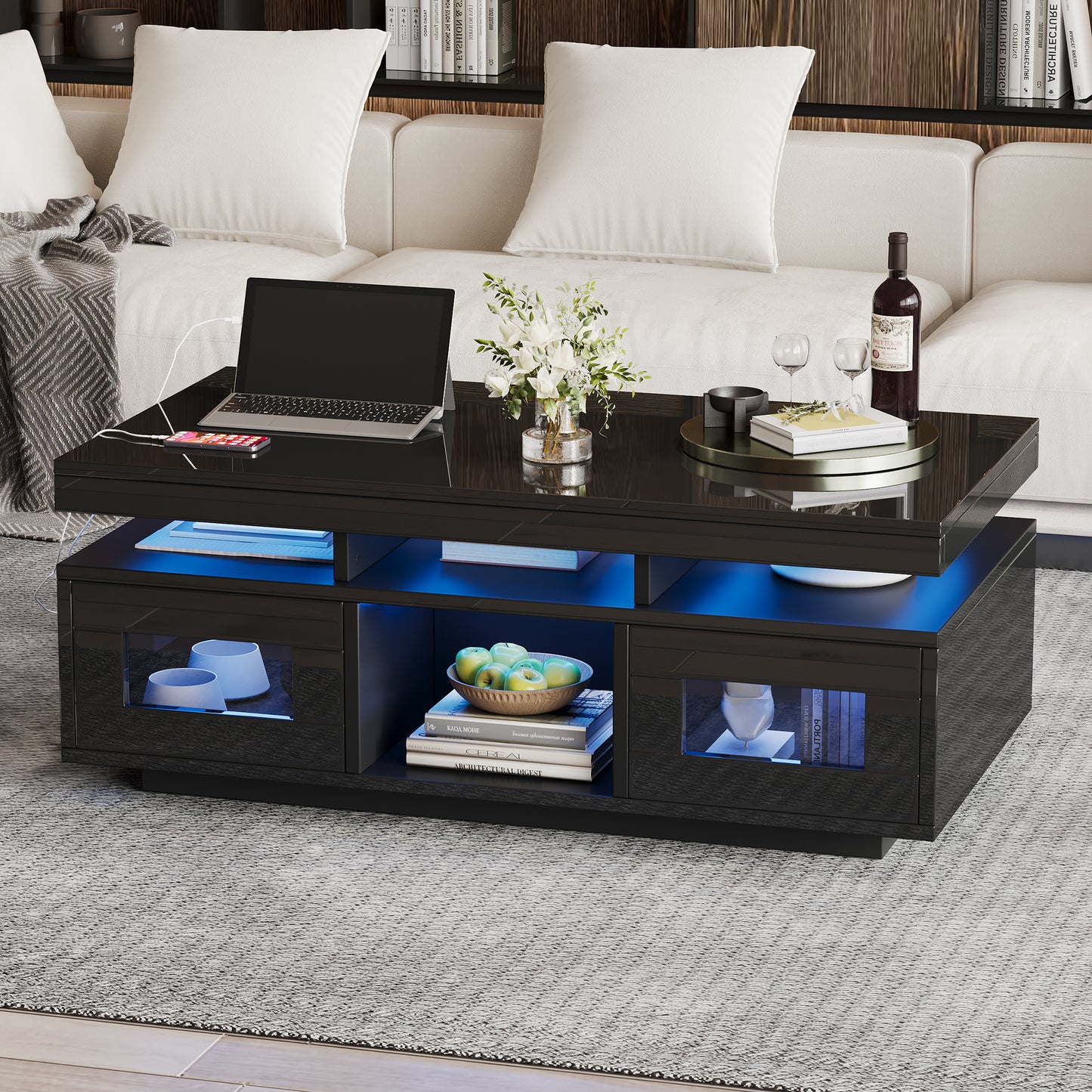 100x50x43cm Black High Gloss Coffee Table, With LED Lights Controllable By Mobile App, Living Room Table With Cabinet, Sofa Table With Charging Port And Socket, Suitable For Office, Study