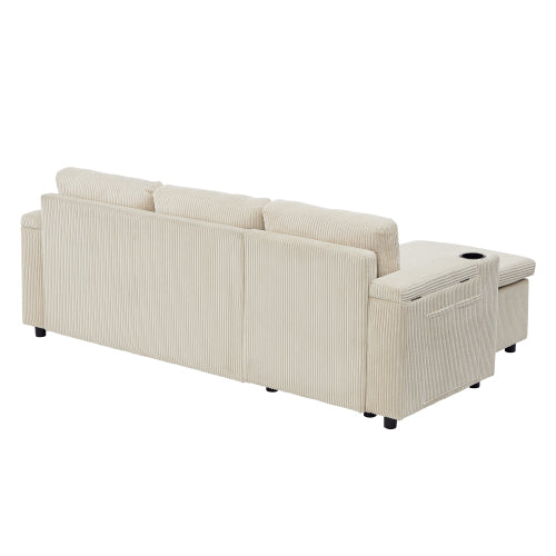 3 In 1 Convertible Corduroy Sofa Bed With Storage Chaise, L Shaped Sleeper Sofa Couches With Armrest Storage And Charging Station. Pullout Sectional Daybed For Living RoomBedroomOffice, Grey