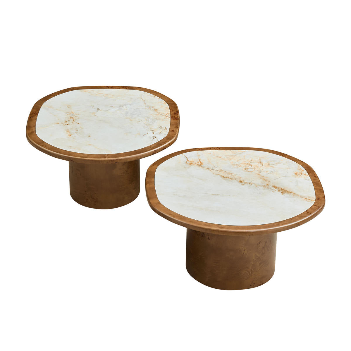 Irregular Coffee Table set, 2pcs burl Wood Veneer Coffee Table,Sintered Stone Tabletop Table with Sturdy MDF Pedestal, Rounded Sofa Side Table for living Room,Office