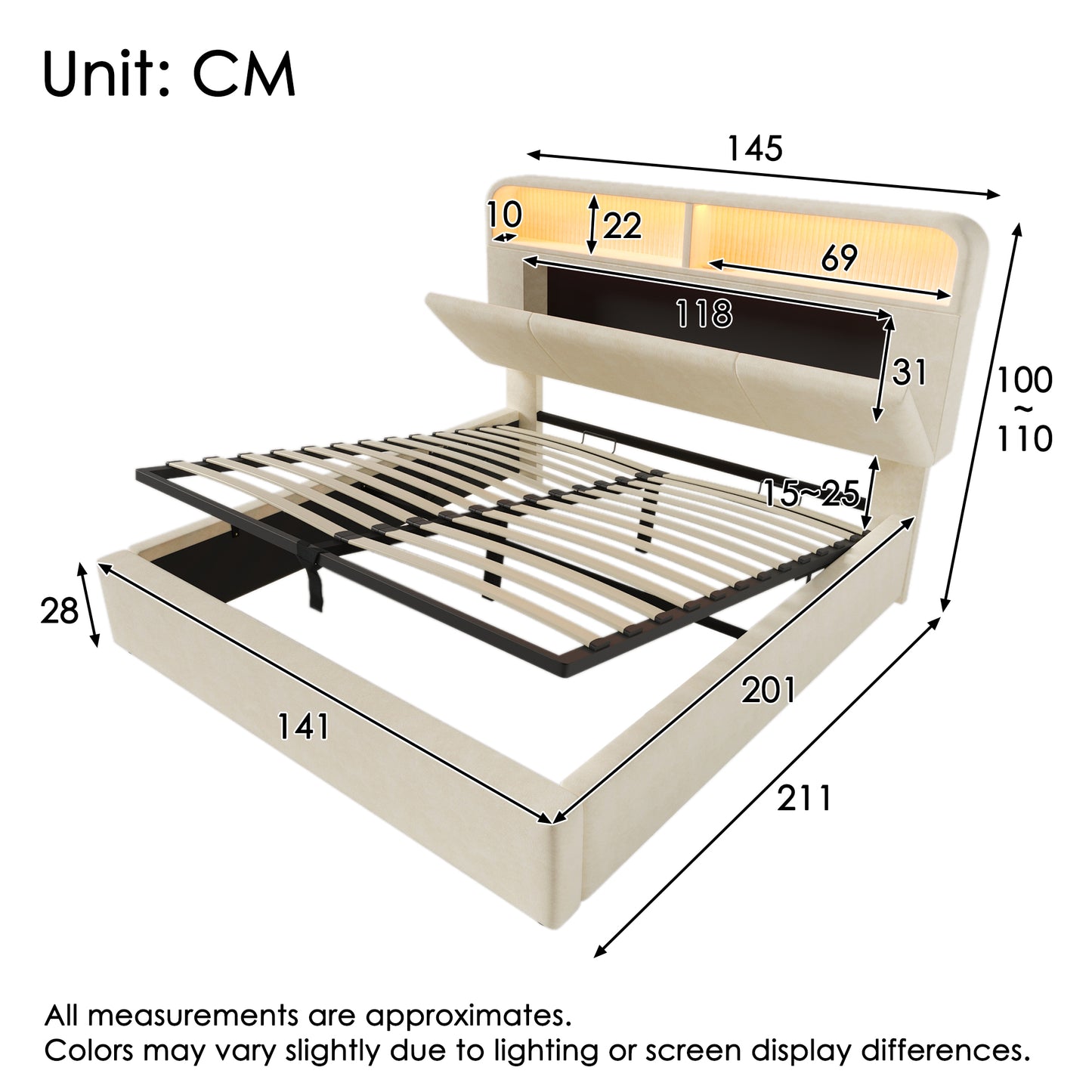 Upholstered Bed Double Bed 140x200 Cm With Height-adjustable Storage Headboard, Hydraulic Bed With LED Lighting & USB Type-C Charging Station, Velvet, Beige, Incl. Slatted Frame  Without Mattress