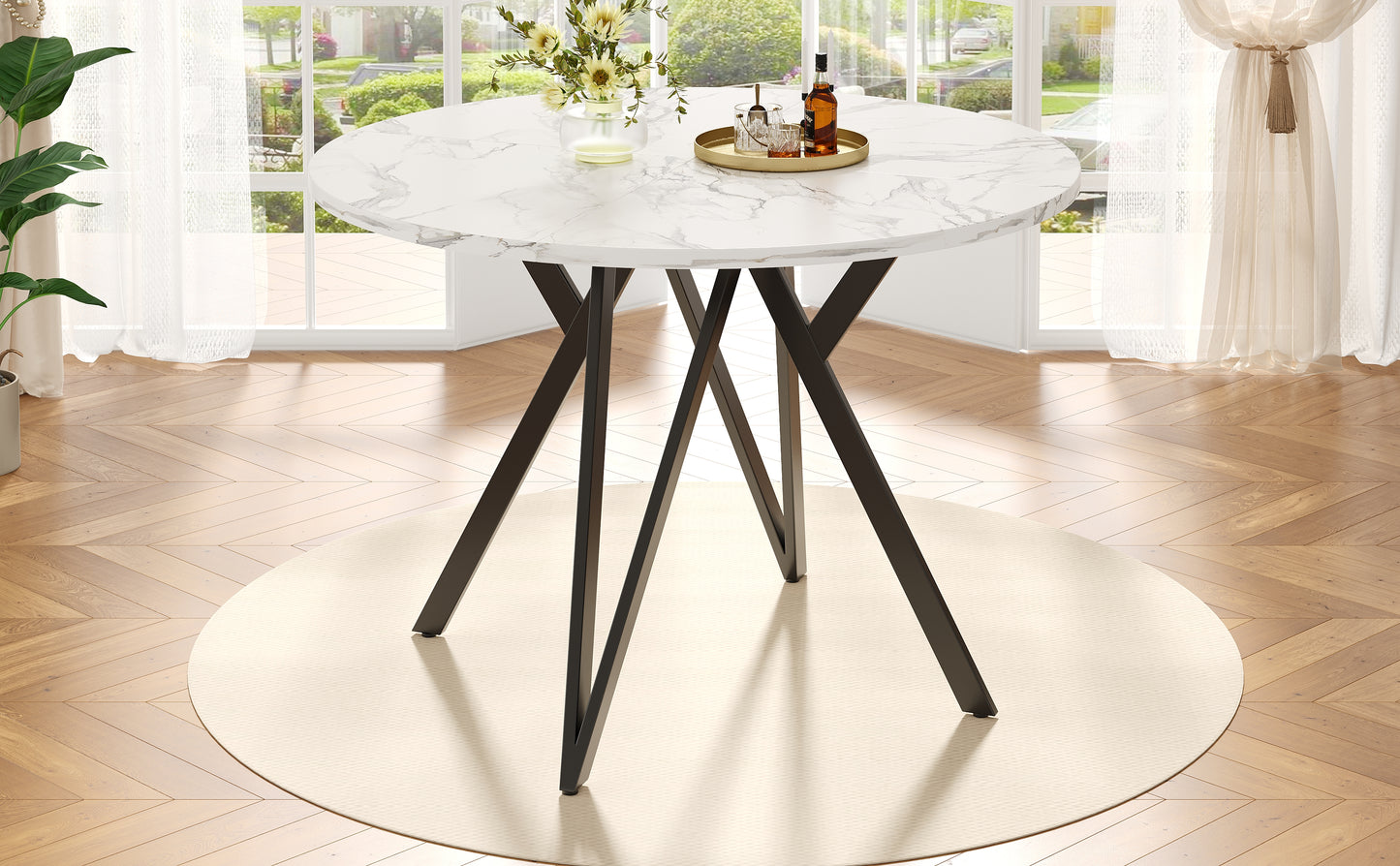 Round Dining Table  100x100x76cm , Kitchen Dining Table, Round Coffee Table For 4 People, Suitable For Dining Room, Living Room, Stylish Metal Table Legs, MDF Marble Table Top, Black