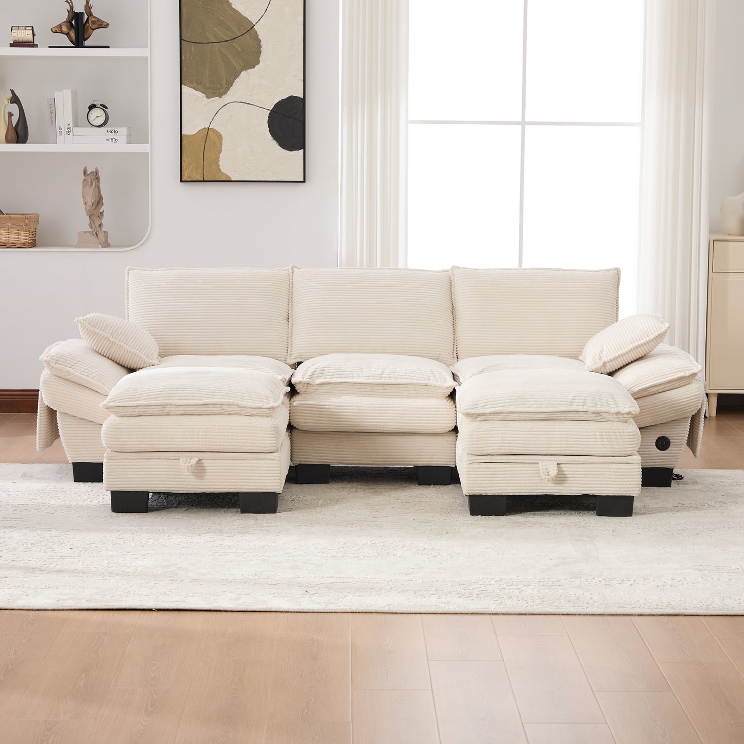 Modular 3-seater Corduroy Sofa  With 2 Stools  Wide Seat, Ergonomic Design, High-density Foam Padding, USB-C Port And Side Pockets. Ideal For Living Room, Office Or Lounge.Beige