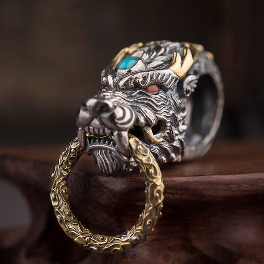 1pcs 925 Sterling Silver Dragon Head Keychain, Retro Punk Style, For Daily Use & Car Key Holder, Unique Gift For Men