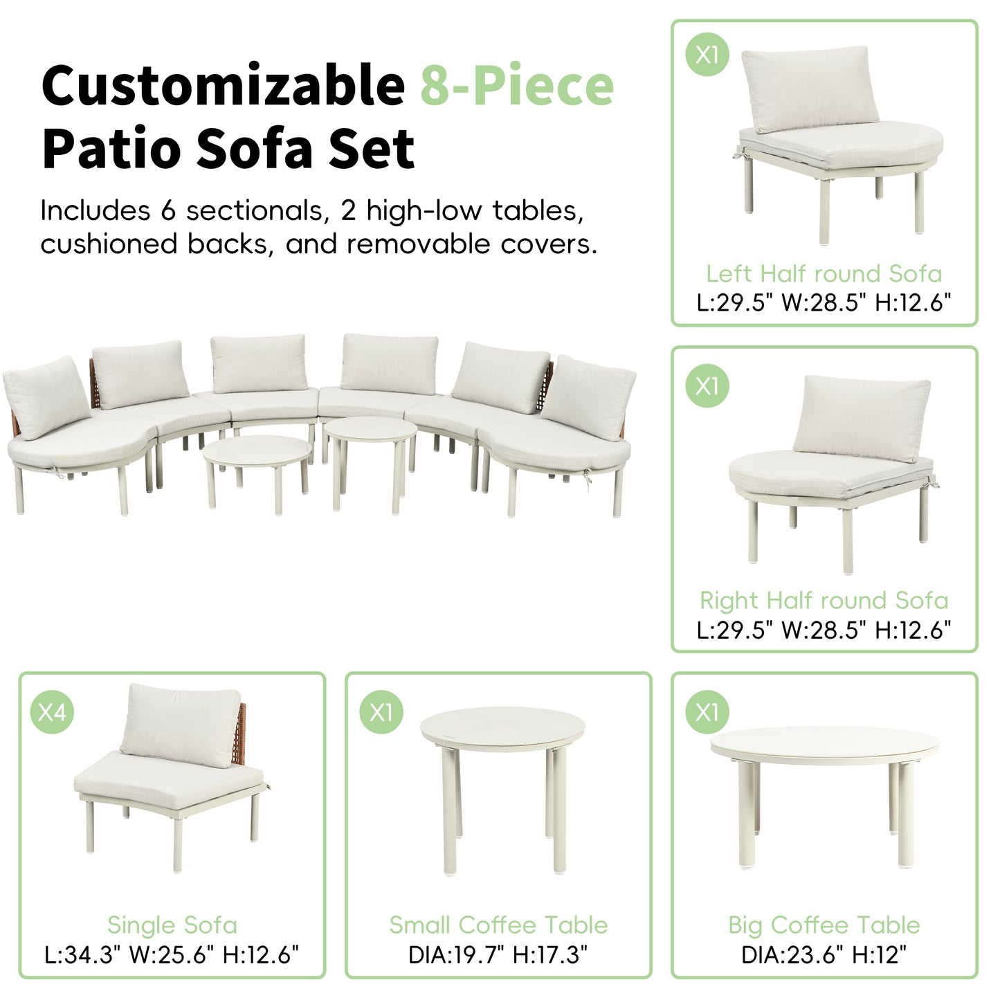 TOPMAX 8-Piece Patio Sofa Furniture Set, Half Moon Outdoor Sectional Sofa With 2 High-Low Coffee Tables, PE Wicker Rattan, Tempered Glass, 6 Pillows & Cushions, For Backyard, Garden, Poolside,Beige