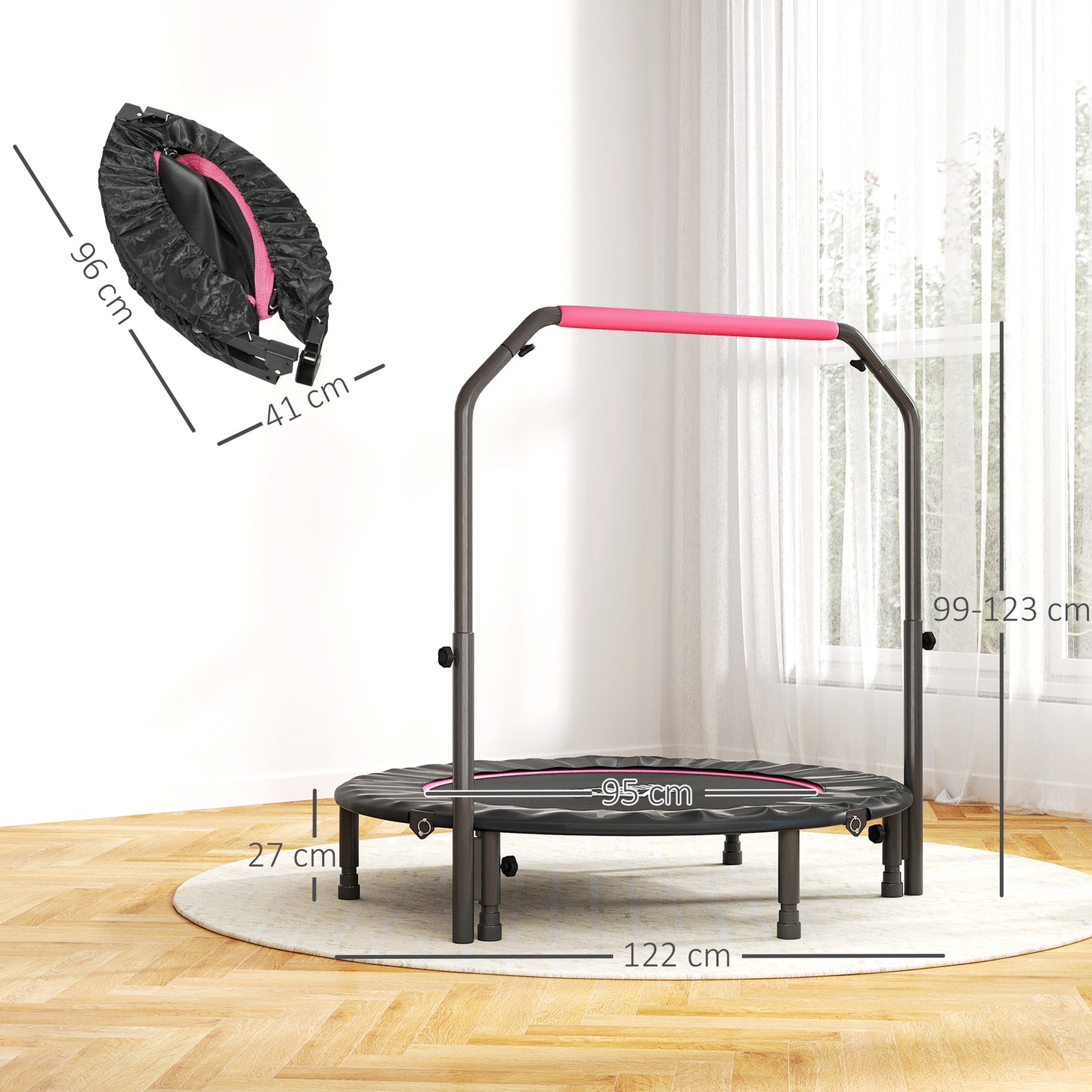 48" Foldable Mini Fitness Trampoline, With Adjustable Foam Handle, Pink