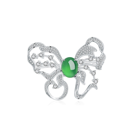 S925 Sterling Silver Butterfly Brooch, 8x10mm Green Chrysoprase Cabochon, Platinum Plated 6.7g, Elegant Women's Brooch Pin With Gift Box
