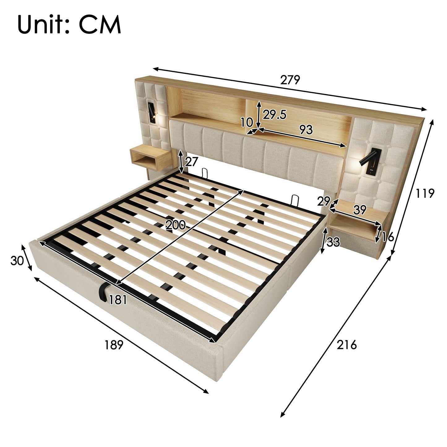 Upholstered Bed 180x200 With Storage Space, System Bed Beige, LED & 2 Reading Lamps, 2 Integrated Bedside Tables, USB Type-C Charging Port, Linen Fabric, Incl. Slatted Frame, Without Mattress