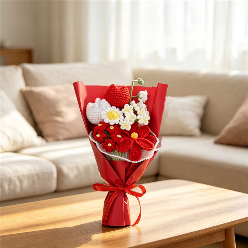 Handmade Crocheted Flower Bouquet, Red And White Tulips & Red Flowers Matched With Daisies And Tiny Blossoms, Soft Yarn Everlasting Knitted Bouquet, Indoor Home Decorative Ornament