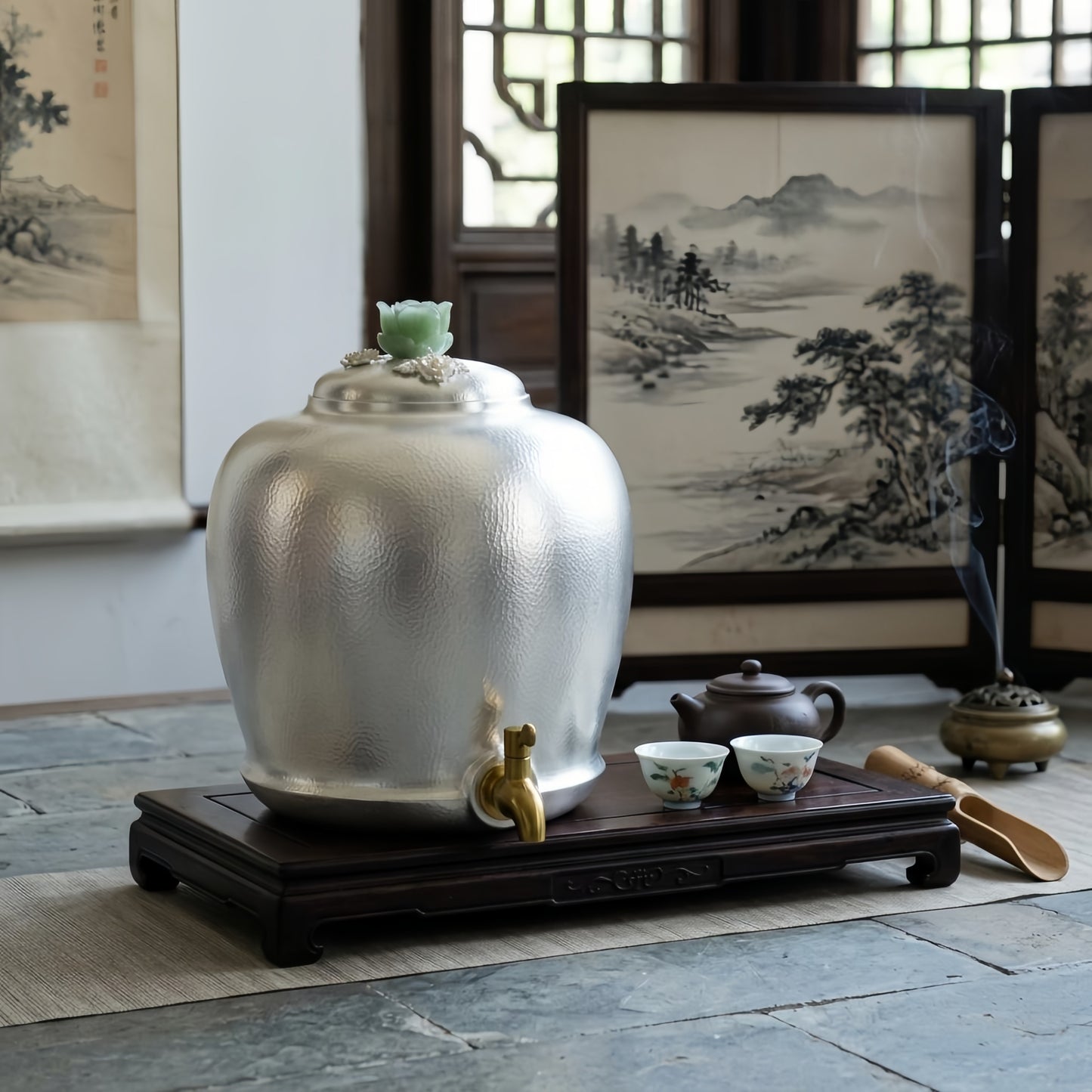 925 Sterling Silver Hammered Silver Metal Urn with Jade Flower Lid and Brass Tap for Elegant Decor - Handicraft