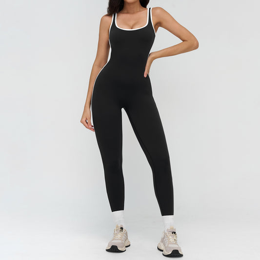 Nude-Feel Yoga Jumpsuit With Contrasting Trim And Generous Boat Neckline Fitness Wear