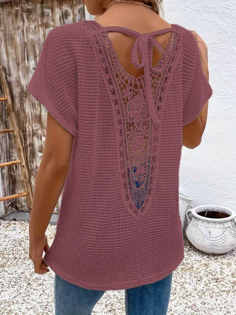 Womens Lace-Panel V-Neck Fashion T-Shirt