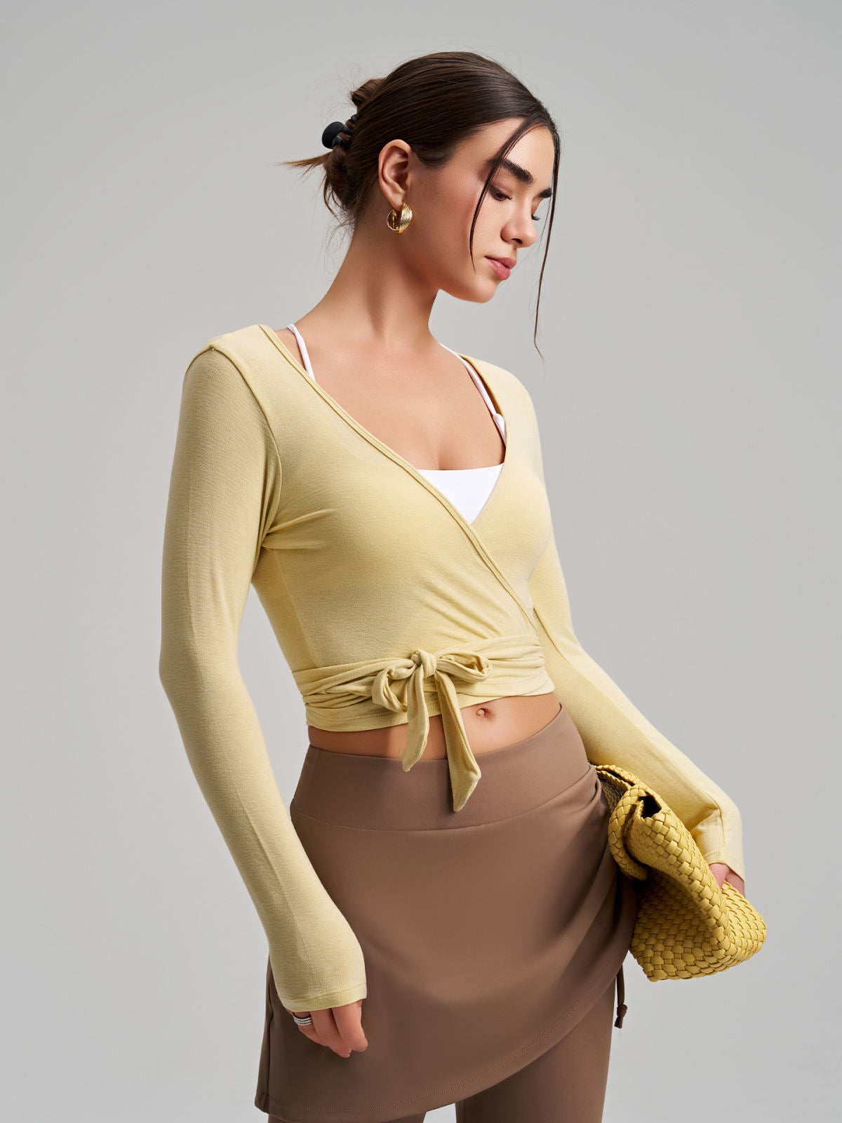 Stylish One-Piece Long-Sleeve Yoga Top With Tie Strap, High-End Outdoor Activewear With Four-Way Stretch For Sports, Dance And Fitness
