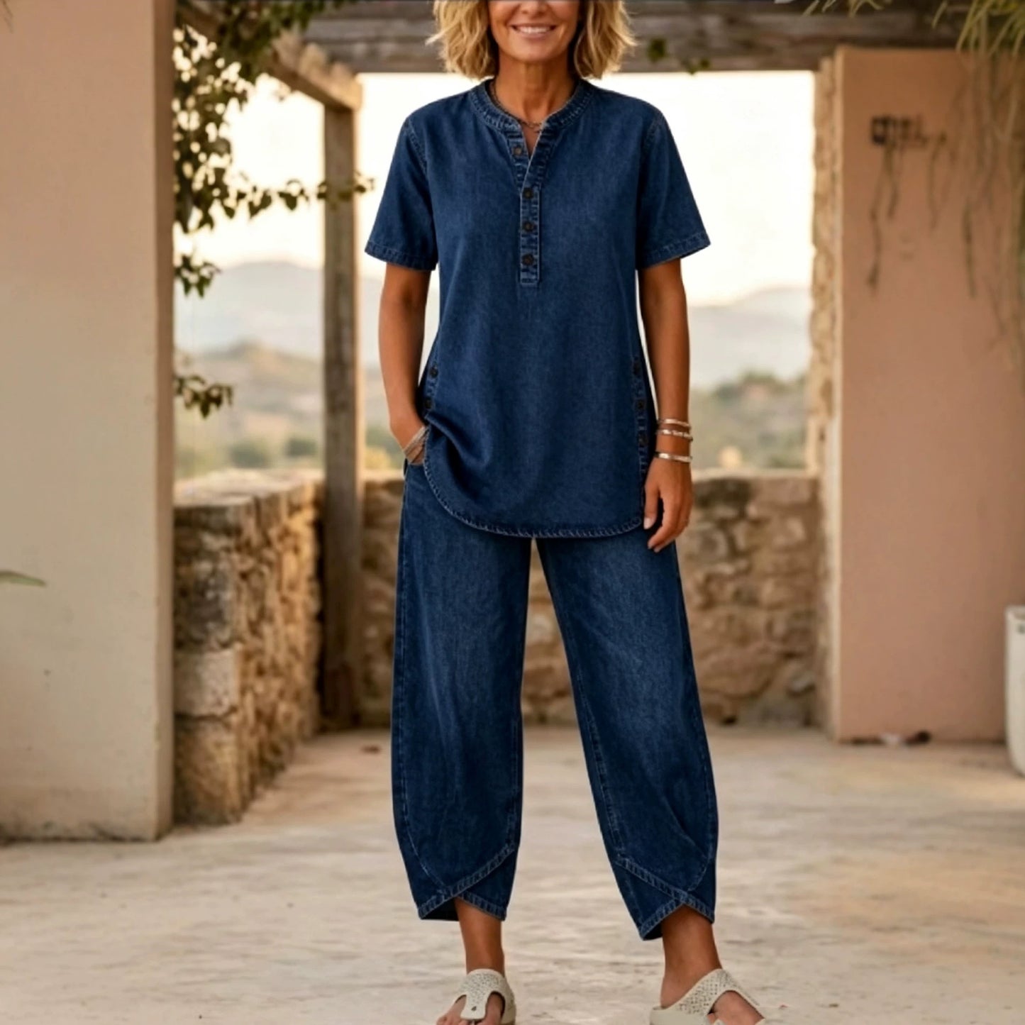 Womens Casual Fashion Set With Lapel Collar And Buttons