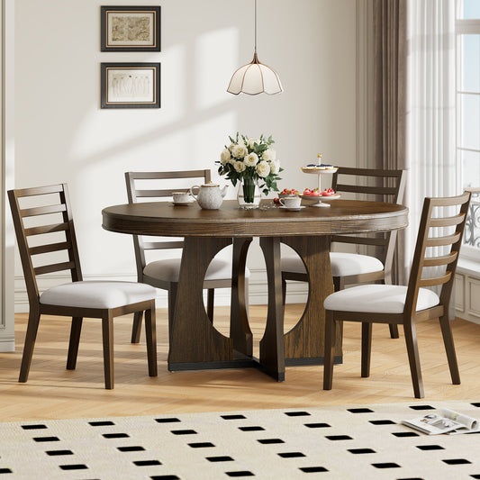 TREXM Round Dining Table For 4 With Chairs Set  Extendable Dining Table Set With 16 Removable Middle Leaf  5 Piece Retro Dining Table Set Unique Geometric Design For Kitchen  Dining Room  Walnut