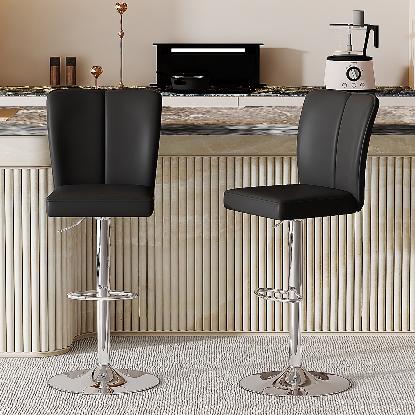 Height-adjustable Bar Stool In A Set Of 2, Can Be Rotated 360 . Luxurious Bar Stool In Black And Silver Design Made Of Water-repellent PU Leather, Suitable For Kitchen Islands. Various Colors Availabl
