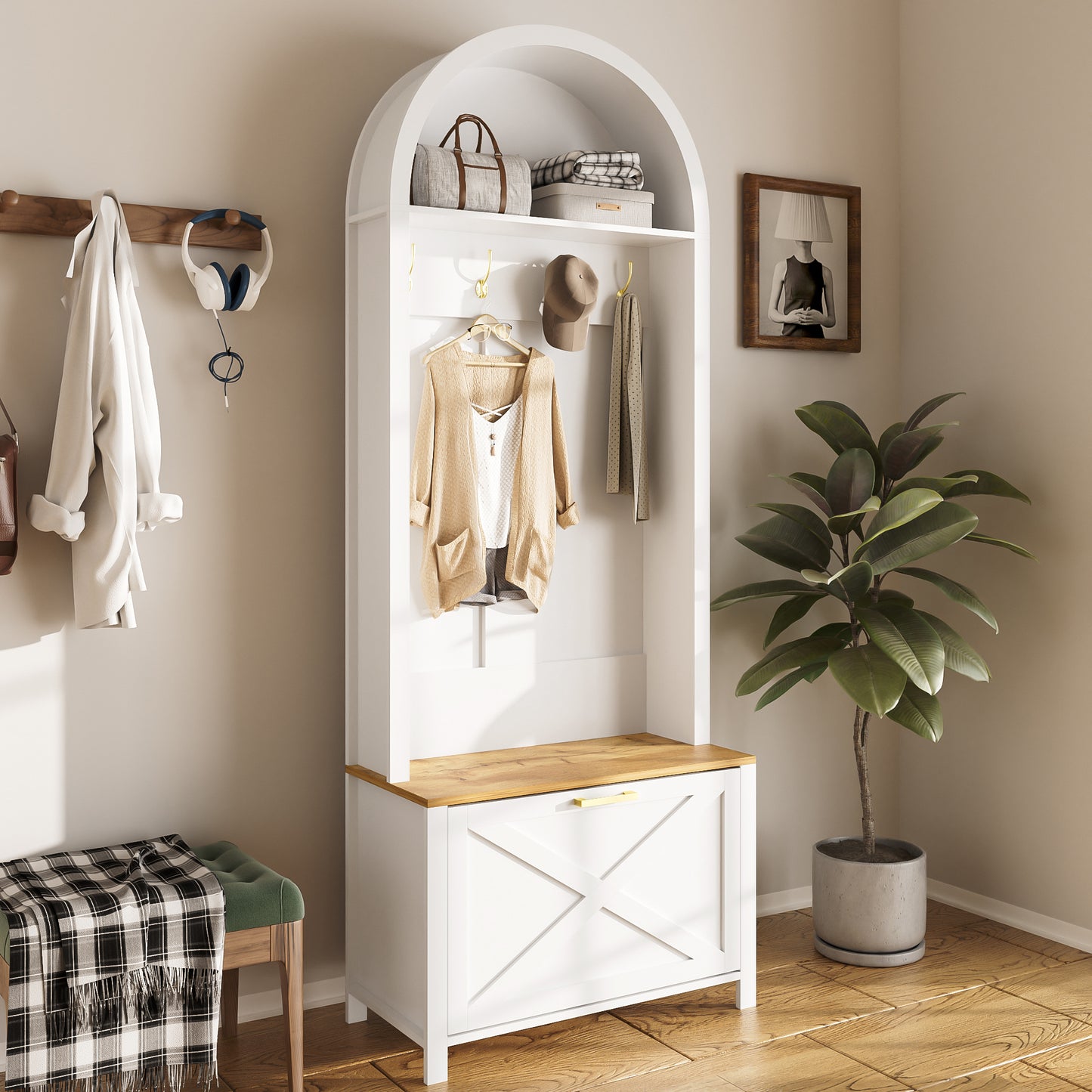 Multifunctional Wardrobe Cabinet With Shoe Rack, Shelf & Hook  Hall Tree For Entrance Area, Durable MDF Body, Modern Design, Sturdy Iron Feet, Practical Storage